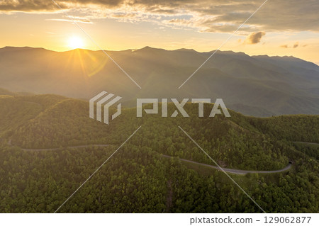 Mountain pass road in North Carolina Appalachian mountains, USA. Laurel Knob overlook on Blue Ridge Parkway in summer season 129062877