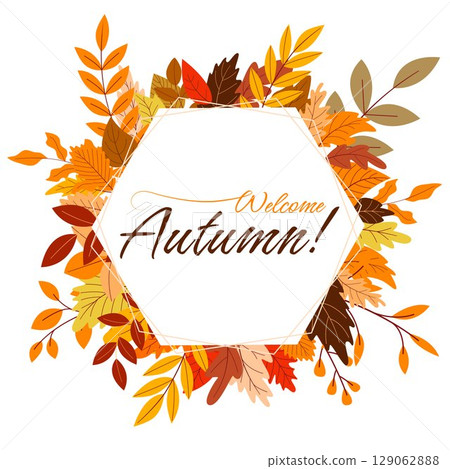 Polygonal frame decorated with fall colored leaves with greeting 129062888