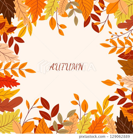 Border of autumn different colored leaves and word Autumn 129062889
