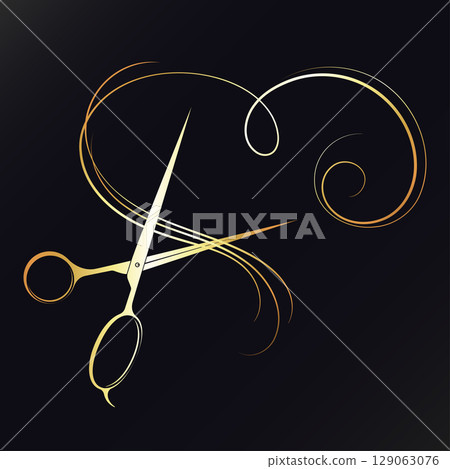 Hairstylist scissors and heart made of hair curls, gold design for beauty salon Hairstylist scissors and heart made of hair curls, gold design for beauty salon 129063076
