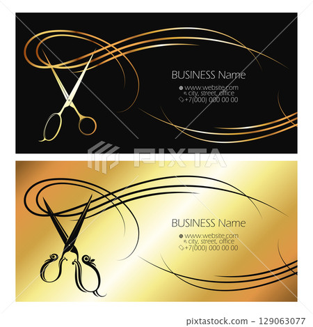 Hairstylist scissors cutting a beautiful lock of hair. Golden business card design for beauty salon Hairstylist scissors cutting a beautiful lock of hair. Golden business card design for beauty salon 129063077