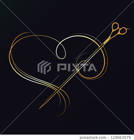 Hairstylist scissors piercing heart from hair curls, gold design for beauty salon Hairstylist scissors piercing heart from hair curls, gold design for beauty salon 129063079