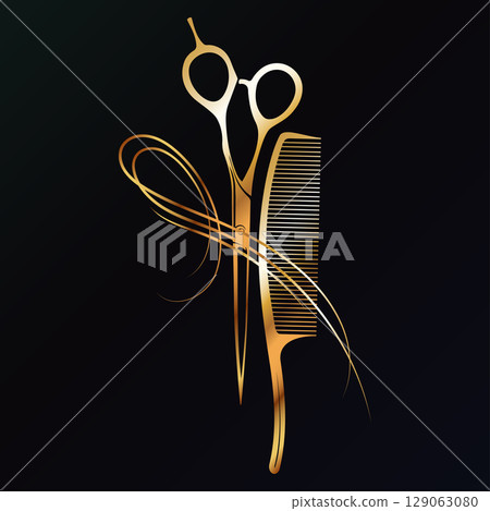 Hairstylist scissors, comb and hair curl. Golden design for beauty salon 129063080