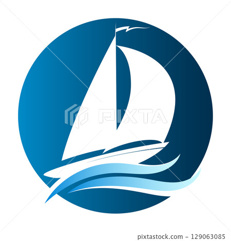 White sailing ship on blue waves design in circle 129063085