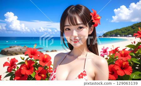 Young woman in bikini swimsuit with hibiscus 129063139