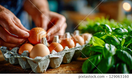 Hands gently inspect fresh brown eggs in a carton at a local market, emphasizing quality and care in food selection 129063160