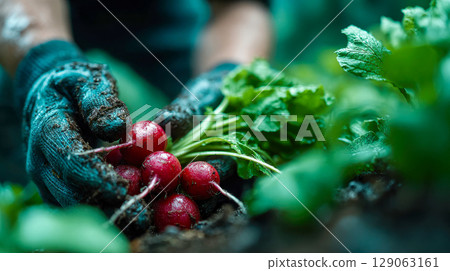 Gloved hands cradle freshly harvested radishes, still coated in soil, against a lush green garden backdrop 129063161