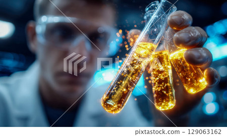 A scientist in a lab coat holds glowing golden test tubes, showcasing vibrant chemical reactions with sparks and energy in a futuristic lab setting 129063162