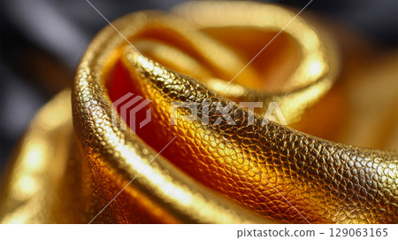 Macro view of rich golden fabric with a hammered metallic texture and glowing bokeh, exuding elegance, luxury, and high-end material detail 129063165