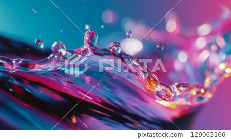 Colorful liquid swirl of pink, orange, and teal with droplets suspended mid-air, creating a vibrant, dynamic fluid motion 129063166
