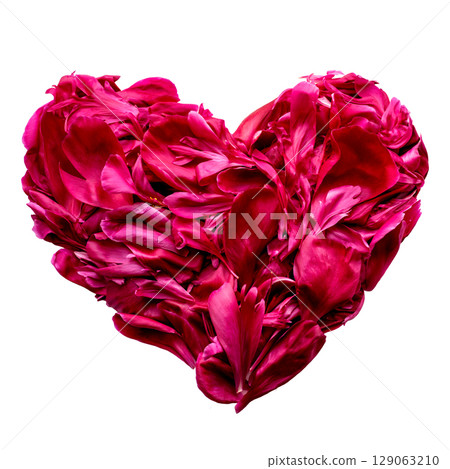 Heart made of red flower petals on white background 129063210