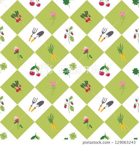 Eco gardening pattern with vegetables, fruits and farming tools Eco gardening pattern with vegetables, fruits and farming tools 129063243