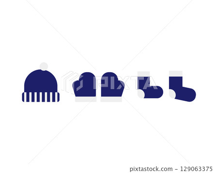 Set of blue knitted hat, gloves and socks icon illustrations 129063375