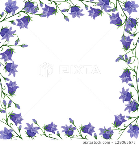 Watercolor frame of blue bellflowers and herbs. Design of greeting cards, invitations Watercolor frame of blue bellflowers and herbs. Design of greeting cards, invitations 129063675