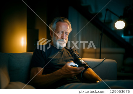 A man is sitting on a couch and looking at his wrist 129063676