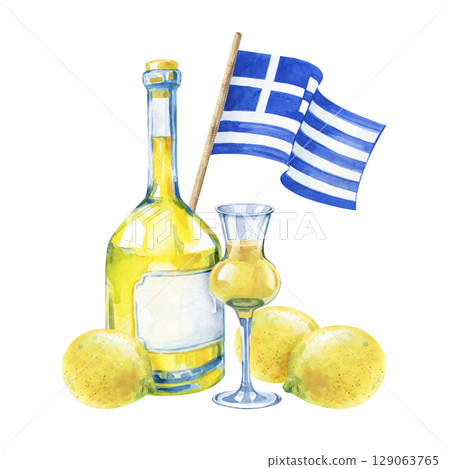Watercolor illustration in blue and yellow tones on a white background. The Greek flag, the national drink made from lemons and several lemons. Template for booklets and postcards. Travel. 129063765