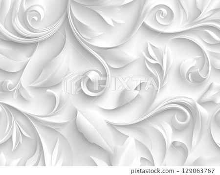 A detailed, elegant white-on-white 3D floral pattern with intricate swirling leaves and petals creates a sophisticated, textured background. 129063767
