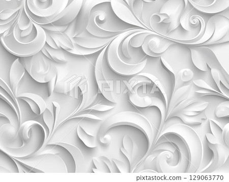 A detailed, elegant white-on-white 3D floral pattern with intricate swirling leaves and petals creates a sophisticated, textured background. 129063770