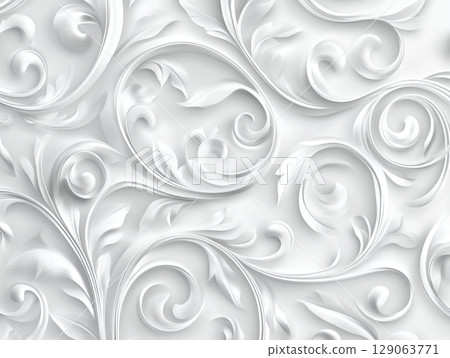 A detailed, elegant white-on-white 3D floral pattern with intricate swirling leaves and petals creates a sophisticated, textured background. 129063771