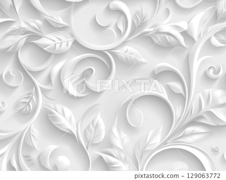 A detailed, elegant white-on-white 3D floral pattern with intricate swirling leaves and petals creates a sophisticated, textured background. 129063772