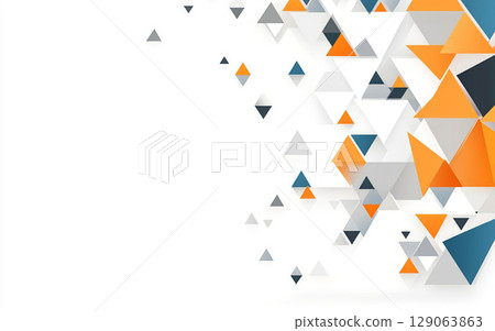 A geometric abstract background features a dynamic arrangement of blue, orange, and white triangles, along with scattered dots, on a clean white canvas. 129063863
