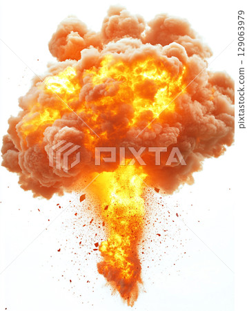 A powerful and dramatic explosion erupts with brilliant orange flames and dark smoke, scattering debris against a stark white background. A powerful and dramatic explosion erupts with brilliant orange flames and dark smoke, scattering debris against a stark white background. 129063979
