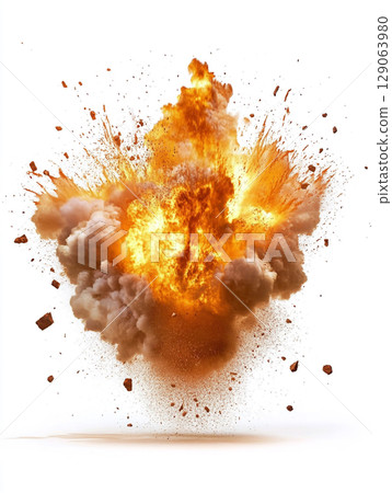 A powerful and dramatic explosion erupts with brilliant orange flames and dark smoke, scattering debris against a stark white background. 129063980