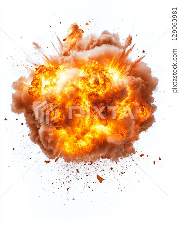 A powerful and dramatic explosion erupts with brilliant orange flames and dark smoke, scattering debris against a stark white background. 129063981