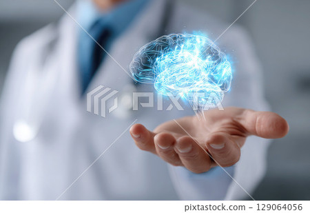 A doctor in a white coat presents a glowing digital brain hologram, symbolizing medical innovation, neurology, and mental health care. Concept of AI in medicine and brain science 129064056