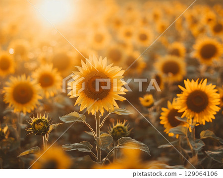 A sun-drenched field of sunflowers glows warmly under a bright sky, radiating joy and natural beauty. 129064106
