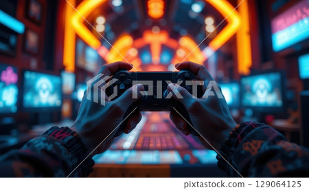 Gamer's Perspective Holding Controller in Neon Lit Gaming Room 129064125
