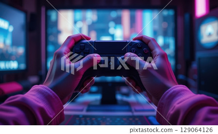 Immersive Gaming Experience with Controller and Neon Lit Screen Immersive Gaming Experience with Controller and Neon Lit Screen 129064126
