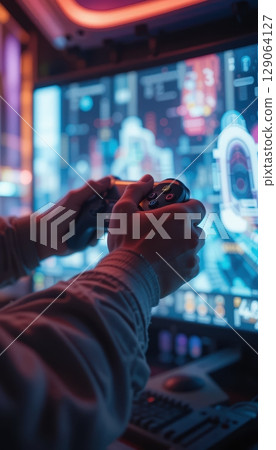 Hands Holding Game Controller Playing in Neon Lit Room Hands Holding Game Controller Playing in Neon Lit Room 129064127