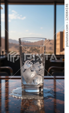 Refreshing Glass of Water with Melting Ice Cubes on a Sunny Day 129064146