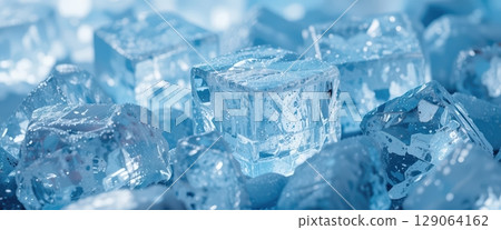 Macro View of Frosty Blue Ice Cubes with Light Glare 129064162