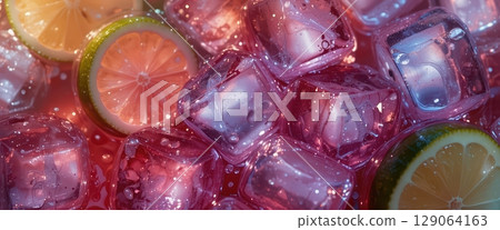 Macro View of Sparkling Ice and Citrus Slices in Pink Liquid 129064163