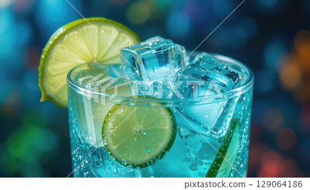 Electric Blue Drink with Lime Slices and Ice Cubes Horizontal View 129064186