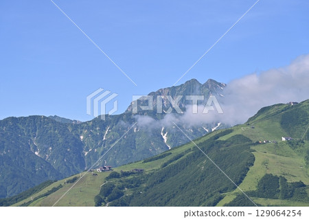 Summer sky and remaining snow on the Hakuba mountain range and Mount Goryu / Nagano Prefecture 129064254