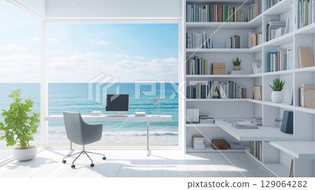 Modern home office interior with books on white shelves, panoramic window and sea view. Workplace concept.  129064282
