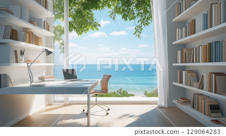 Modern home office interior with books on white shelves, panoramic window and sea view. Workplace concept.  129064283