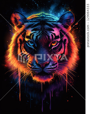 A close-up of a digital illustration depicting a tiger's head bathed in vibrant neon lights, showcasing its striking stripes and piercing eyes with a futuristic, artistic flair. 129064333