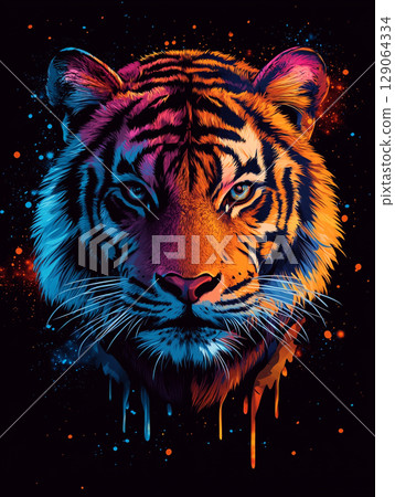 A close-up of a digital illustration depicting a tiger's head bathed in vibrant neon lights, showcasing its striking stripes and piercing eyes with a futuristic, artistic flair. 129064334