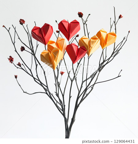 A beautiful composition featuring an artistic drawing of tree branches adorned with numerous colorful origami hearts and a few leaves. 129064431