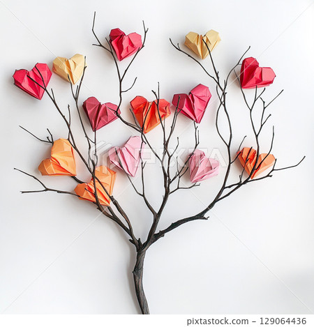 A beautiful composition featuring an artistic drawing of tree branches adorned with numerous colorful origami hearts and a few leaves. 129064436