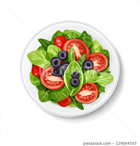 A crisp white bowl overflowing with a vibrant, fresh garden salad featuring green lettuce, red tomatoes, purple onions, and cucumber slices. 129064505
