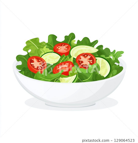 A crisp white bowl overflowing with a vibrant, fresh garden salad featuring green lettuce, red tomatoes, purple onions, and cucumber slices. 129064523