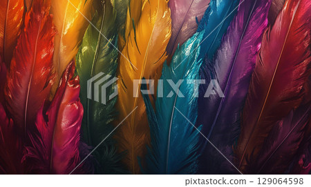 A vibrant and richly textured illustration of numerous overlapping feathers in a kaleidoscope of bold, saturated colors like purple, orange, red, and blue. A vibrant and richly textured illustration of numerous overlapping feathers in a kaleidoscope of bold, saturated colors like purple, orange, red, and blue. 129064598