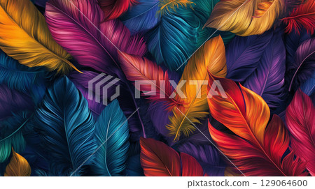 A vibrant and richly textured illustration of numerous overlapping feathers in a kaleidoscope of bold, saturated colors like purple, orange, red, and blue. 129064600