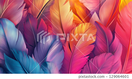 A vibrant and richly textured illustration of numerous overlapping feathers in a kaleidoscope of bold, saturated colors like purple, orange, red, and blue. 129064601