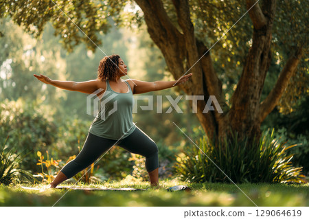 A woman is practicing yoga in a park 129064619